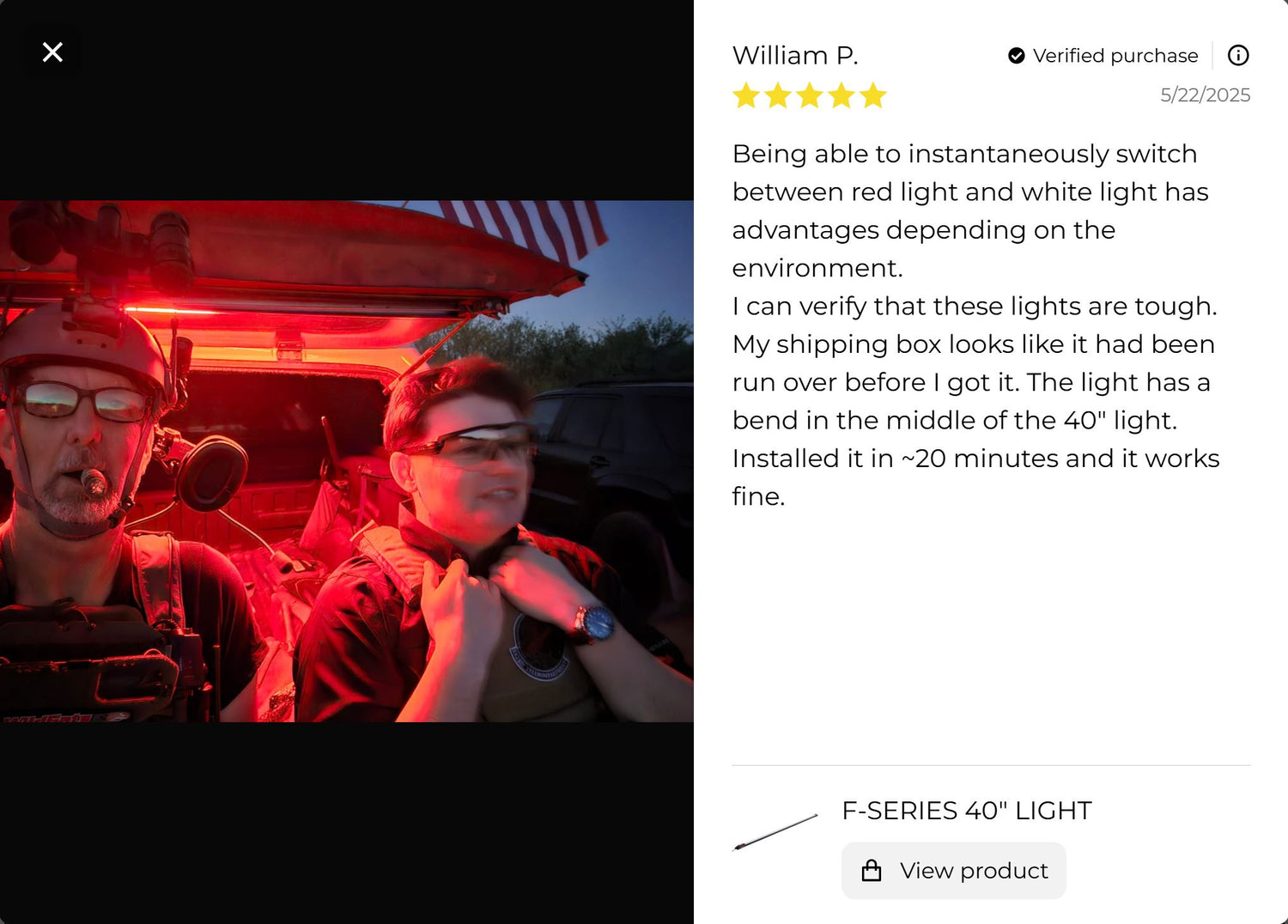 5 star product review with two individuals wearing protective gear and a vehicle in the background, featuring the F-Series 40 inch Light.