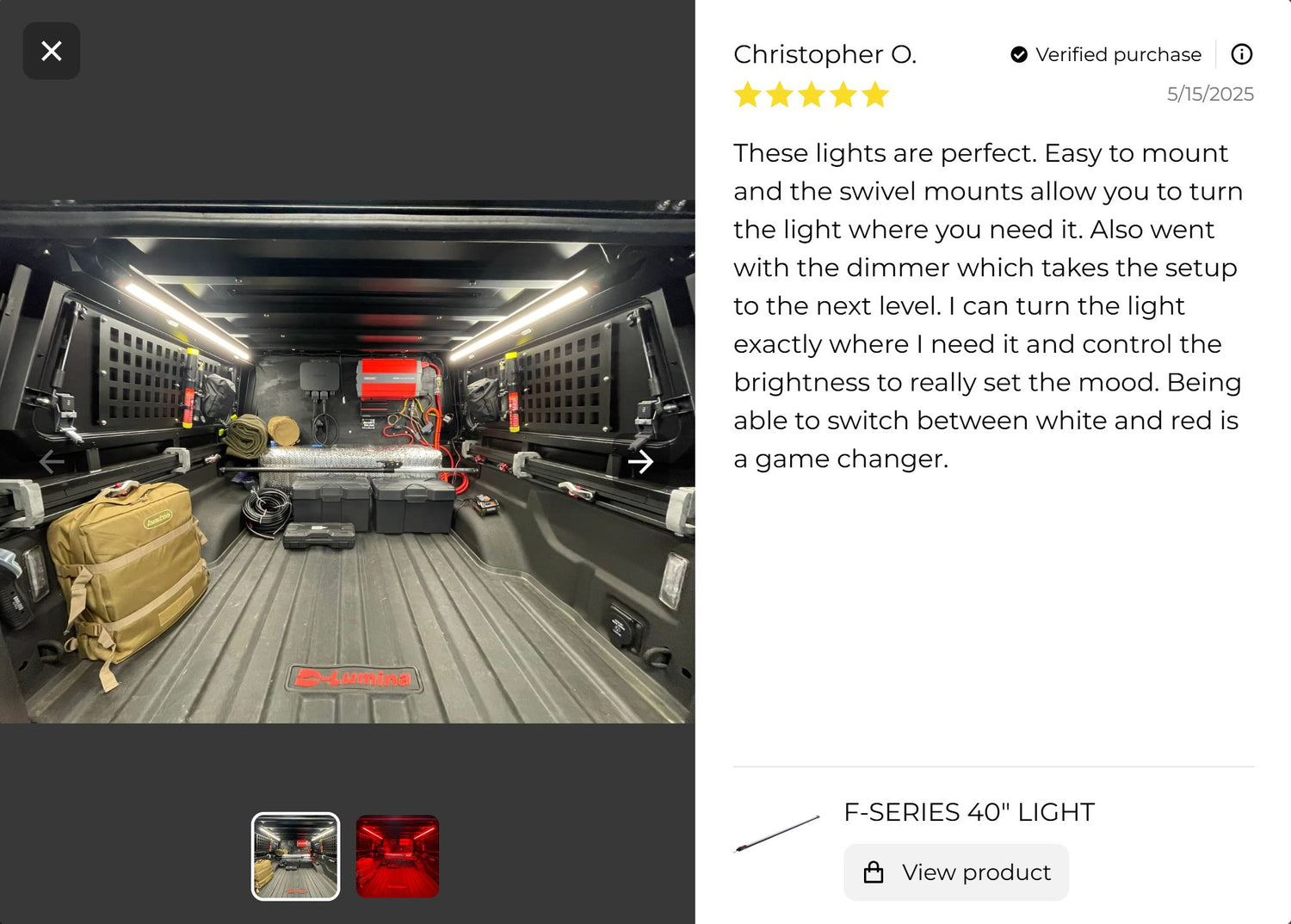 5 star review of F-series 40 inch light for being easy to mount, switching from white to red, and being convenient to position