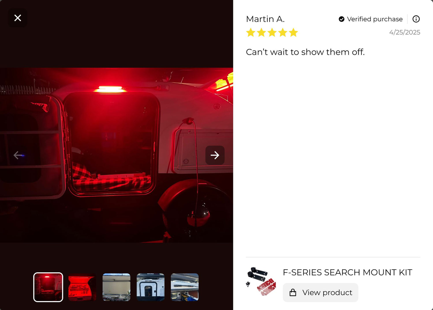 5 star review for the F-series search mount kit mentioning the purchaser can't wait to show the lights off