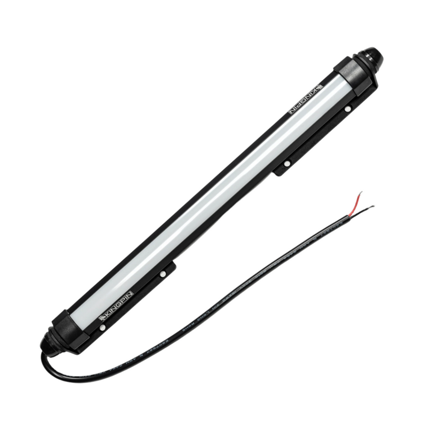 Kingpin V-Series 12" light with its power lead on a white background