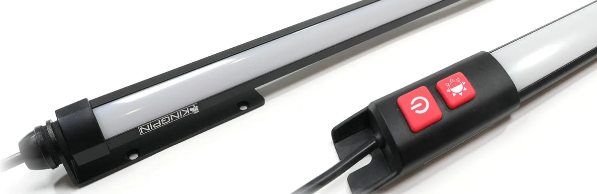 V-Series light with its end cap and mounting plate, and F-Series light with its two buttons