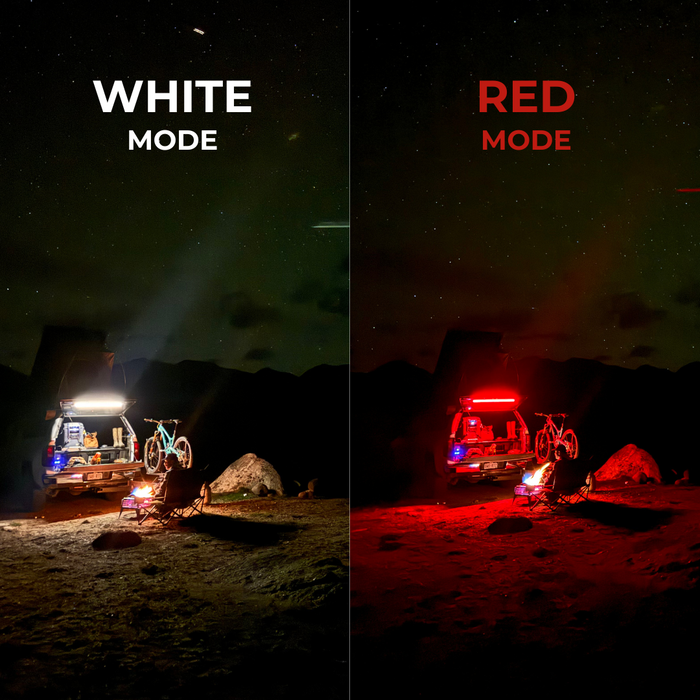 Camp at night lit by a Kingpin F-Series light in white mode and in red mode