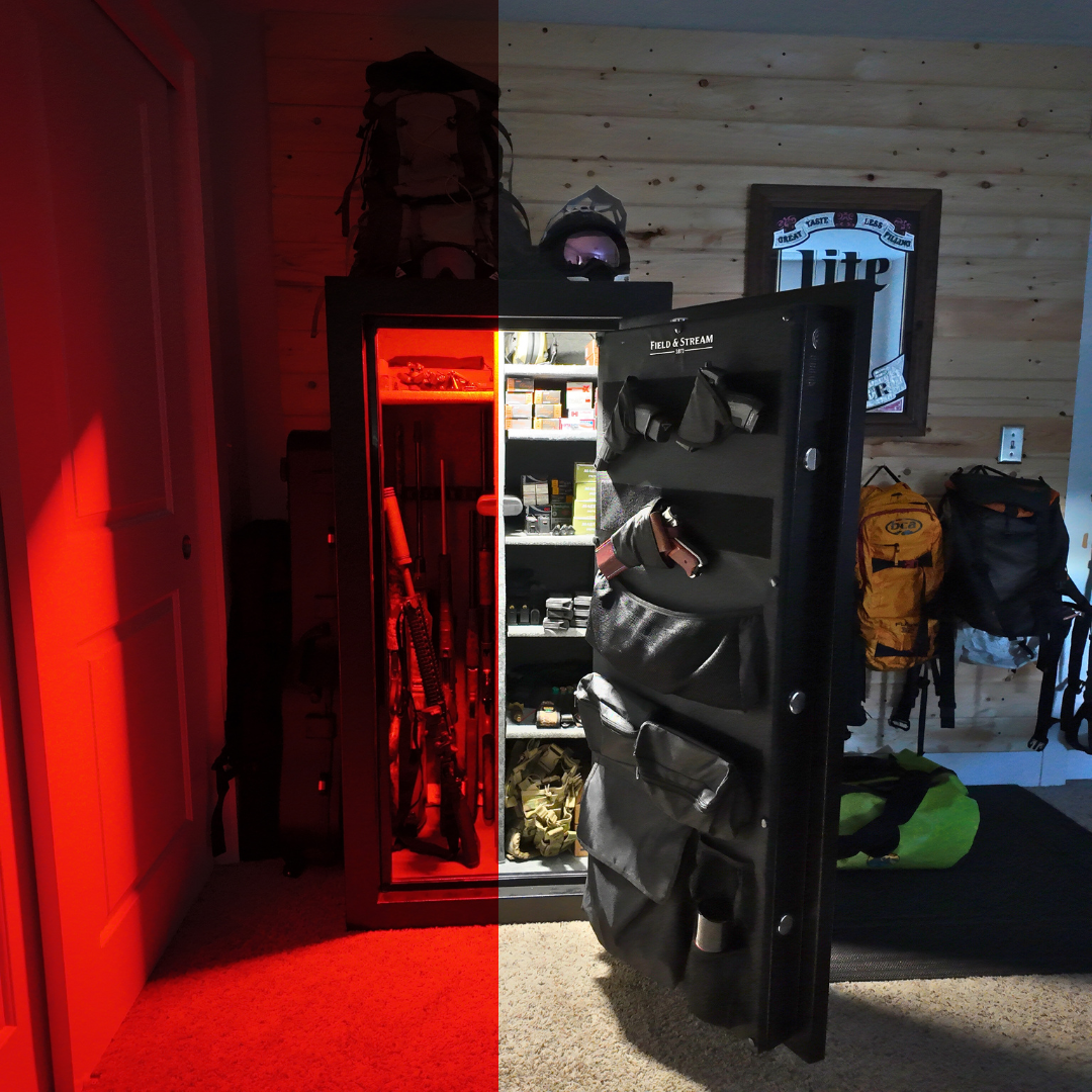 Gun safe lit by a Kingpin F-Series light, shown in red and white