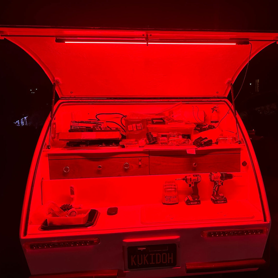 Love the new feature to have red light also. Have mounted this one with dimmer switch on side of overlanding camper on awning side, is wired directly to solar powered battery with 12v wiring kit