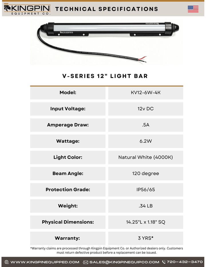 Technical data for Kingpin v-Series 12" light bars and a single product picture across top. 