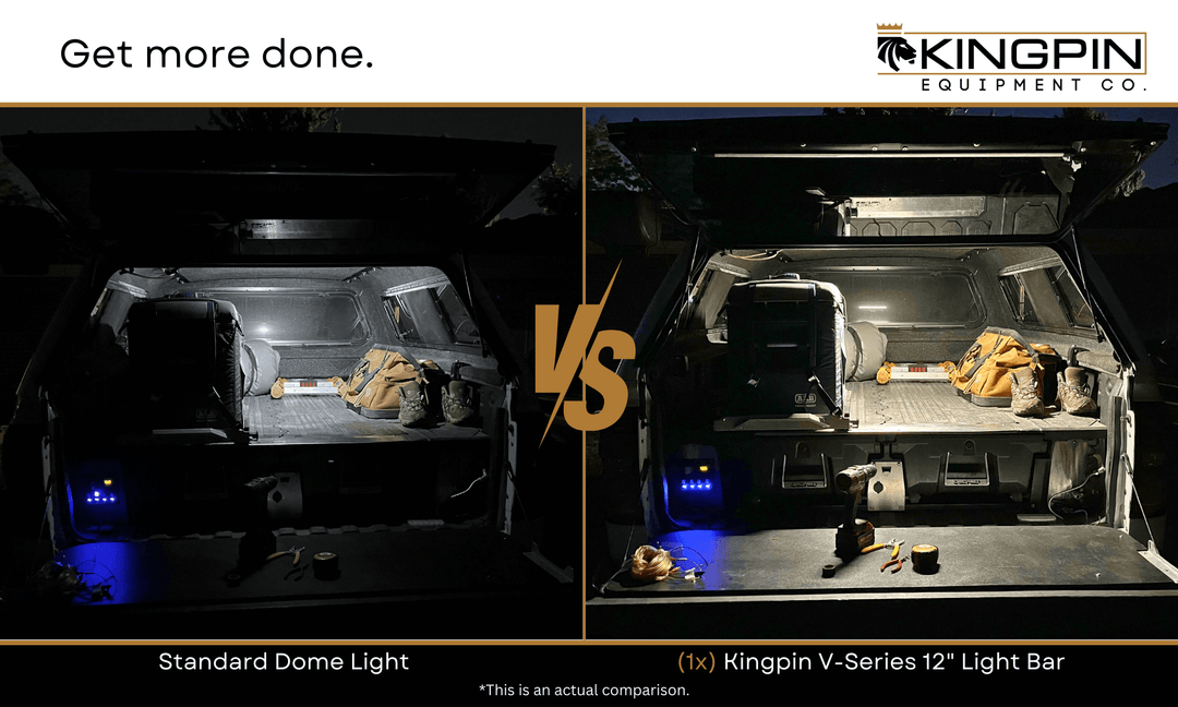 Kingpin v-Series 12" LED light shown to be brighter than factory dome light in truck bed canopy camper shell when compared side by side. Kingpin light color is less blue and more neutral in color.
