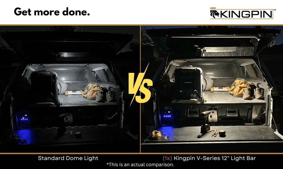 Truck cap lit by a factory dome light next to the same space lit by a Kingpin V-Series 12" light