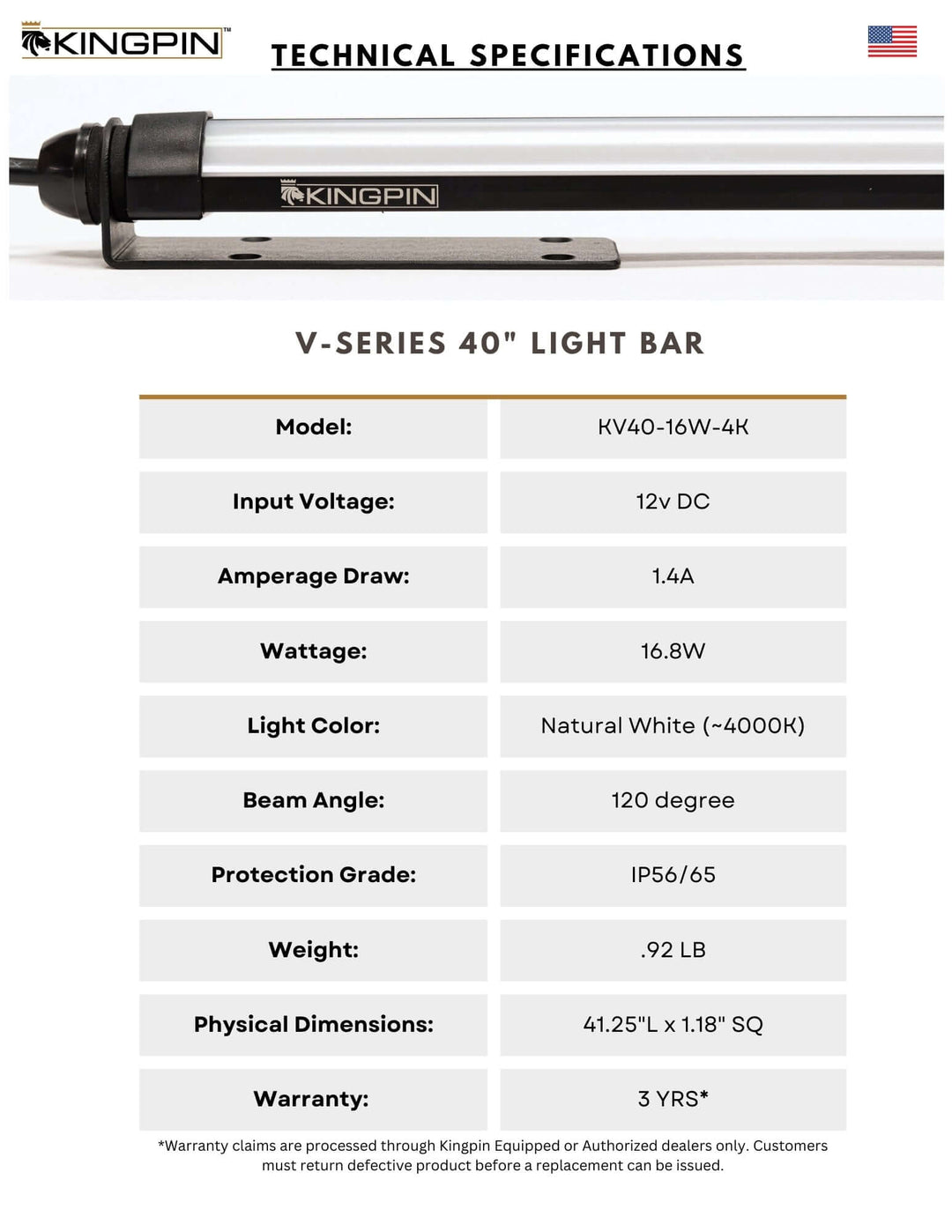 specifications for forty inch lights kingpin