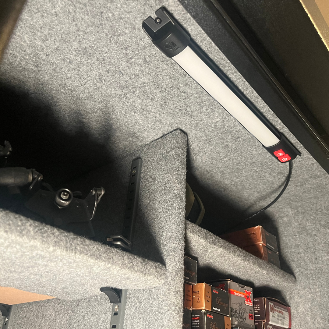 Kingpin F-Series 12" light mounted in a carpeted truck cap corner