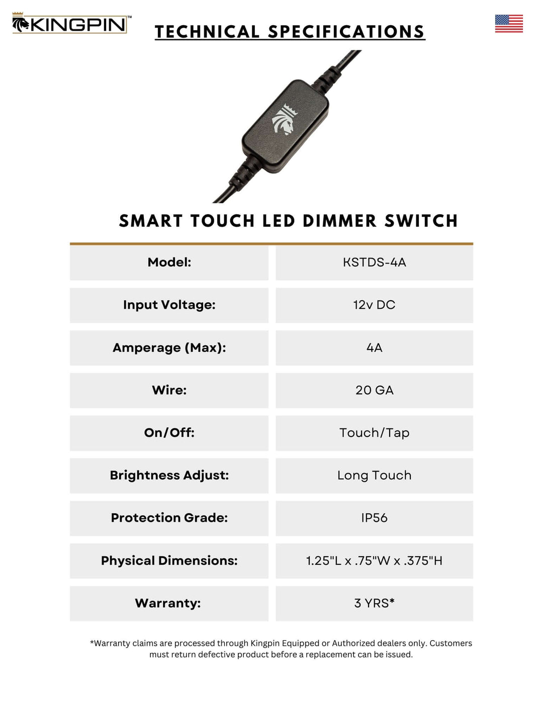 kingpin touch switch technical specification sheet