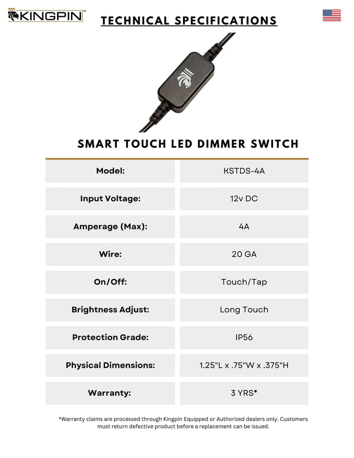 Kingpin Touch Dimmer Switch spec sheet