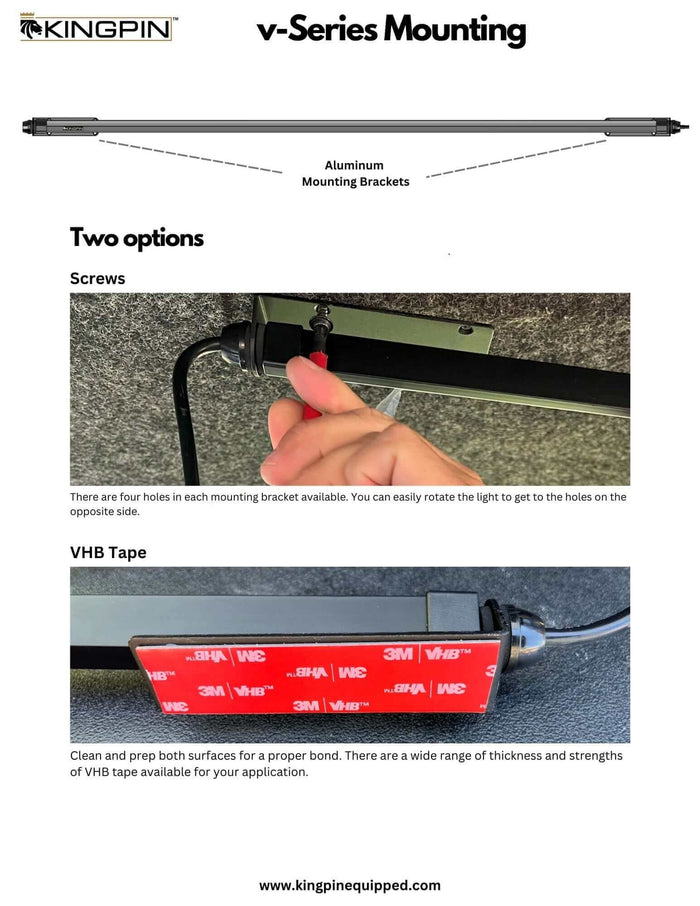 How to mount a Kingpin V-Series light with screws or 3M VHB tape